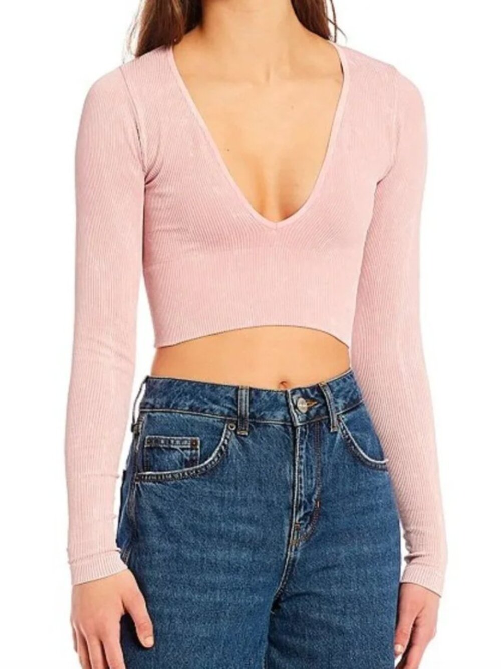 Urban Outfitters Cropped V-neck Ribbed Long Sleeve - Mauve Pink